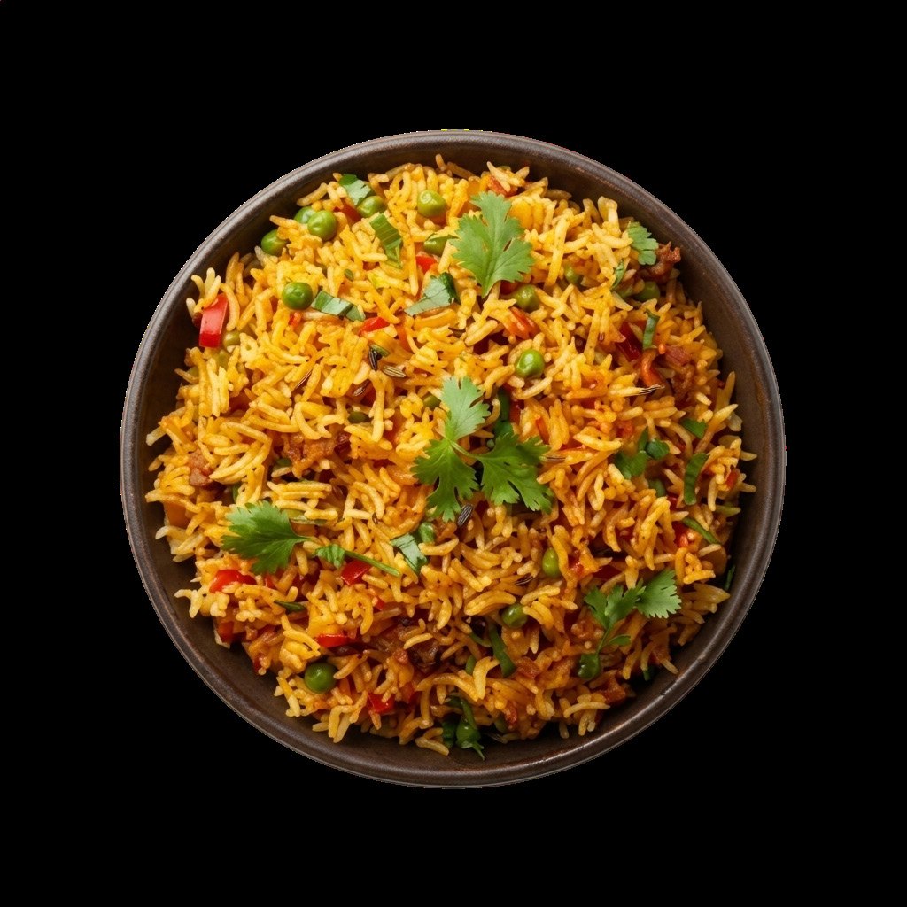 Bowl of biryani with basmati rice and herbs