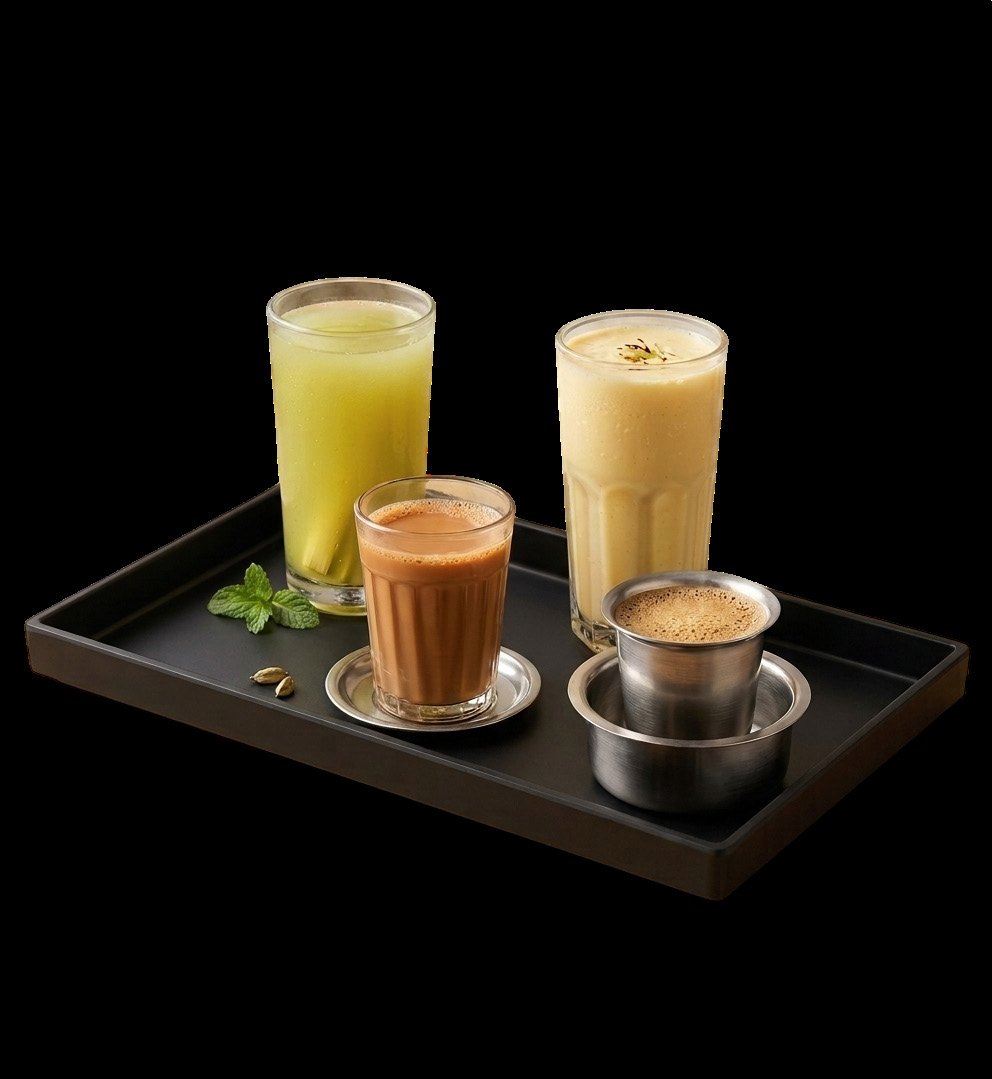 Tray of chai, coffee and lassi glasses