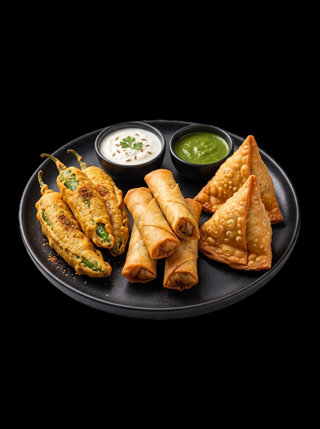 Platter of pakoras, samosas and spring rolls with chutneys