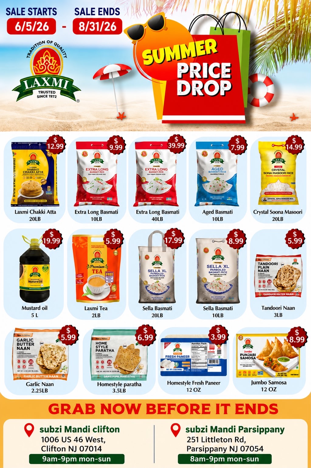 Laxmi Summer Price Drop flyer — valid June 5 to August 31, 2026 at Subzi Mandi Clifton and Parsippany