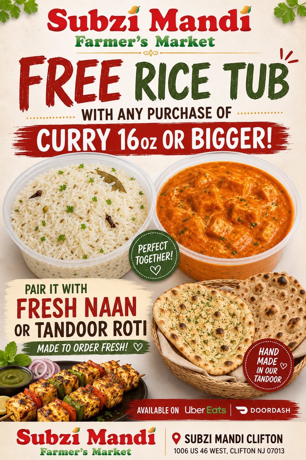 Free Rice Tub with 16oz+ Curry — Subzi Mandi Clifton flyer