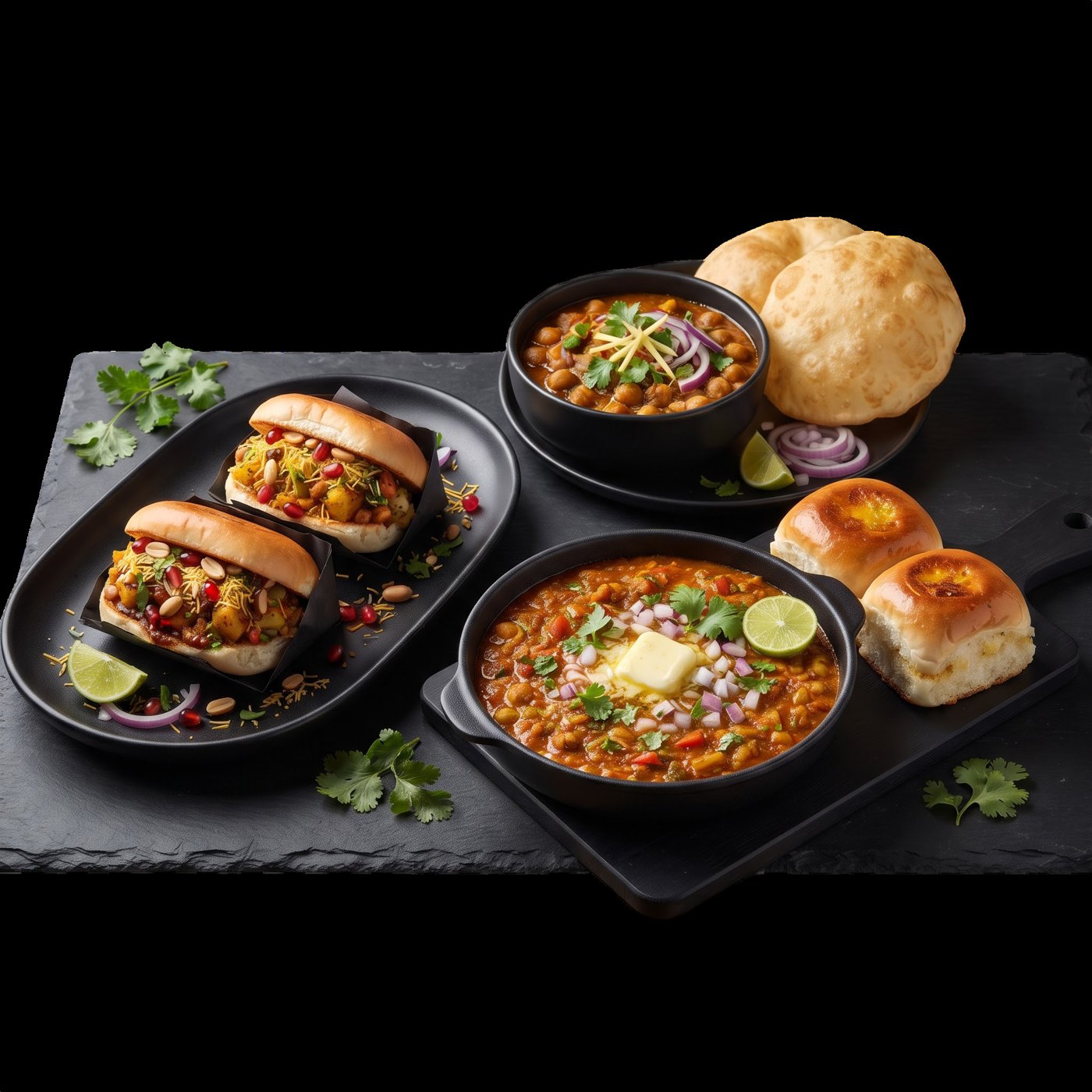 Street food platter with vada pav, dabeli and chole bhature