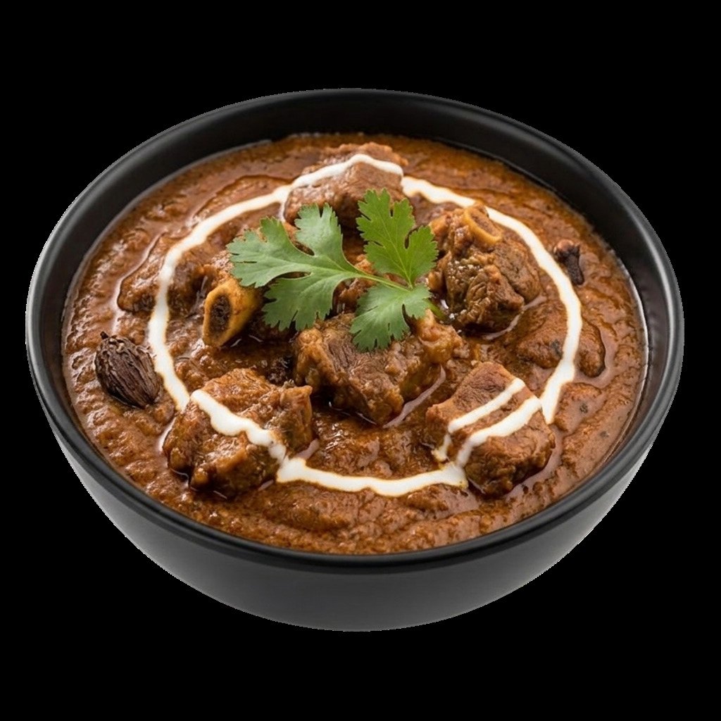 Bowl of goat curry with coriander