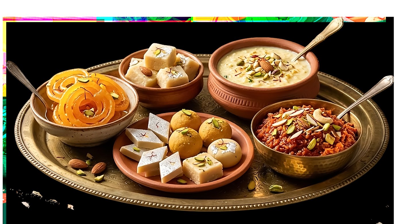 Brass platter of Indian sweets including jalebi and mithai
