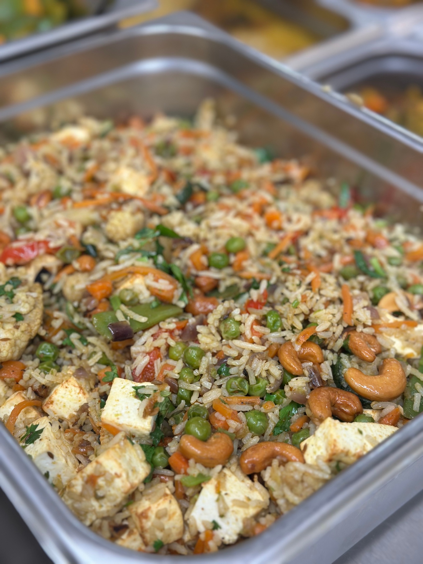 Vegetable pulao with paneer and cashews, fresh from the Kitchen