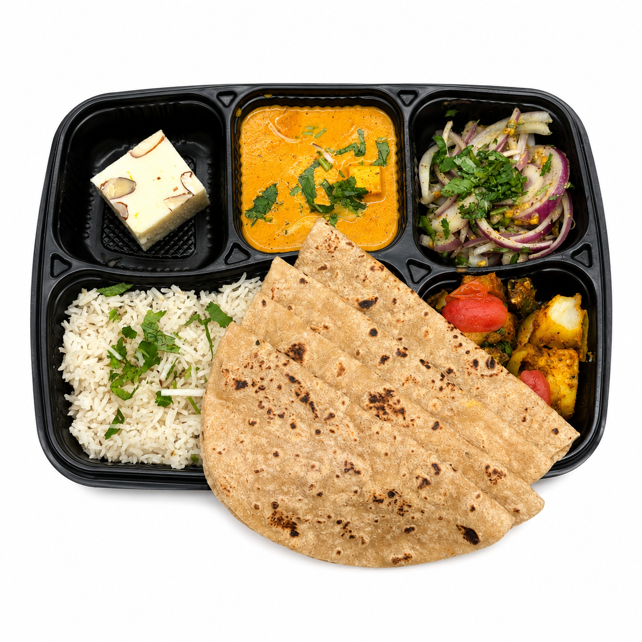 Subzi Mandi thali — roti, rice, paneer curry, sabzi, salad and mithai